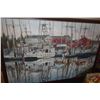 Image 1 : FRAMED OIL ON CANVAS, UNTITLED, DEPICTING FISHING BOATS MOORED IN A HARBOR; SIGNED JERRY D. MITCHELL