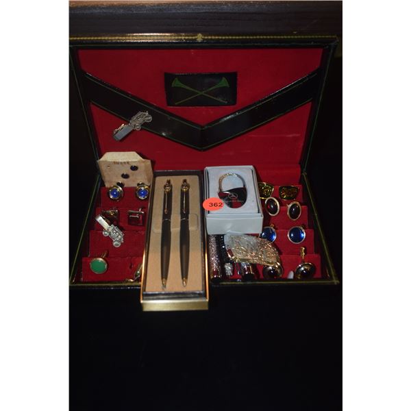 COLLECTION OF CUFF LINKS, PENS, TIE CLIPS & MERCEDES KEY RING IN DRESSER BOX