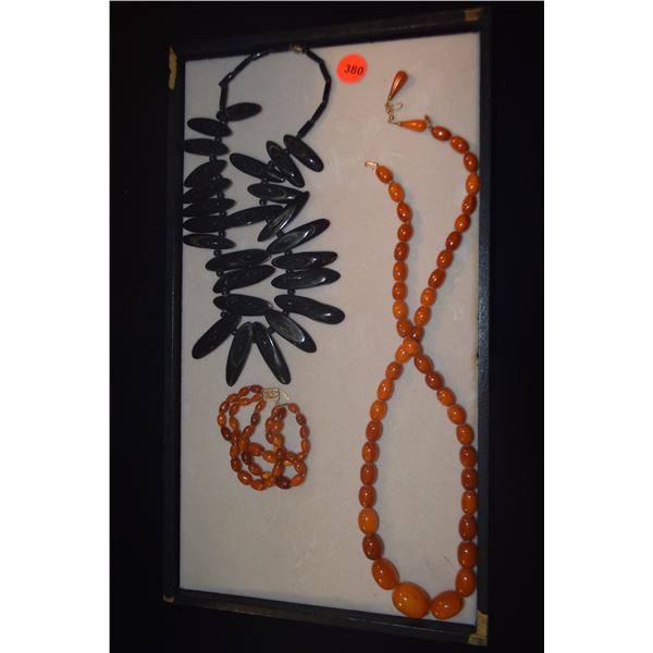 14K AMBER NECKLACE & BRACELET, AMBER EARRINGS & BLACK CORAL NECKLACE (4 PCS)