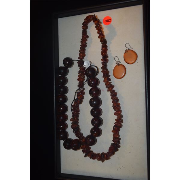 2 STRANDS OF AMBER BEADS & AMBER EARRINGS (3 PCS)