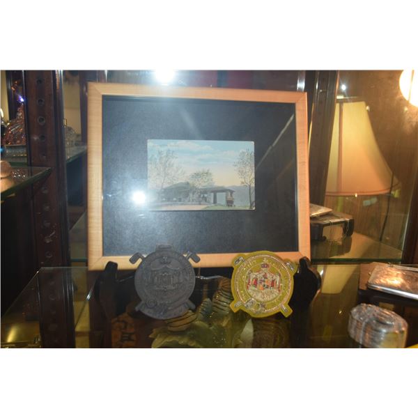 FRAMED POSTCARDS: COUNTRY CLUB HONOLULU, OAHU COUNTRY CLUB EMBROIDERED PIN & METAL GOLF BAG TAG (3 P