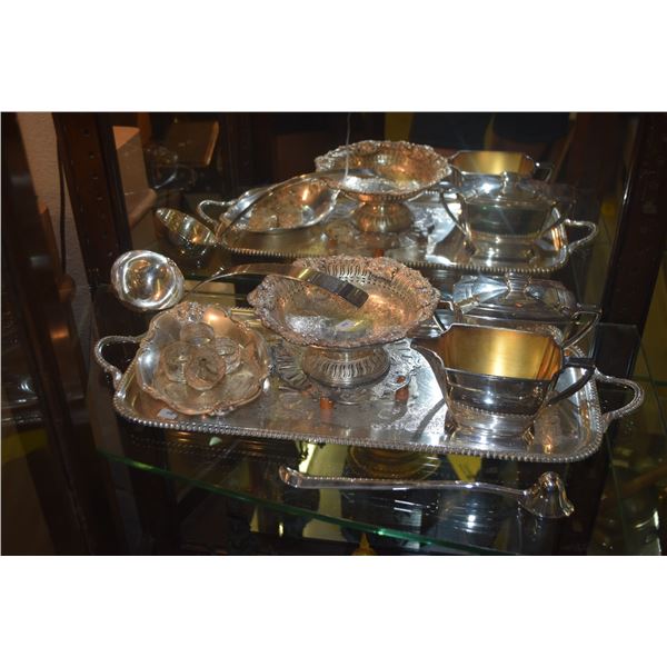 ASSORTED SILVERPLATE SERVING PIECES: TRAY, CREAM & SUGAR, LADLE, TRIVET, BOWLS, CANDLE SNUFFER & NAP