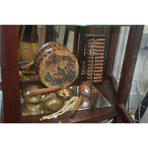 MIXED LOT: BELLS, DRUMS, VADRA, PRAYER WHEEL, ABACUS & BEADS (12 PCS)