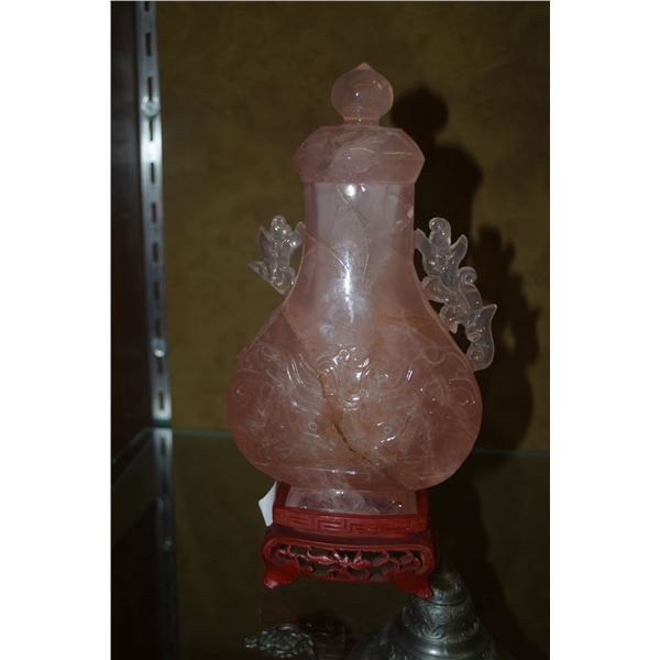 CHINESE CARVED ROSE QUARTZ VASE W/LID & STAND (PART OF HANDLE MISSING) (8 1/2")