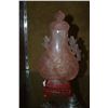 Image 1 : CHINESE CARVED ROSE QUARTZ VASE W/LID & STAND (PART OF HANDLE MISSING) (8 1/2")