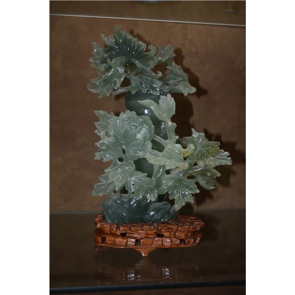 CHINESE SERPENTINE JADE CARVING OF PEONIES IN VASE W/LID & STAND (11") (MISSING SOME STEMS)