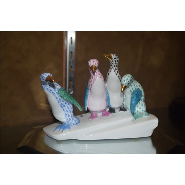 HEREND PORCELAIN FIGURINE: PENGUIN GROUP ON ICE, MULTI-COLOR