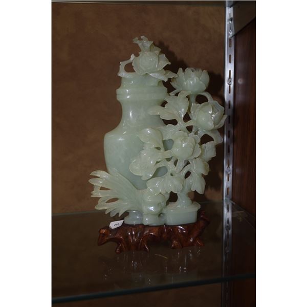 CHINESE SERPENTINE JADE CARVED PEONIES W/LIDDED VASE & STAND (10")