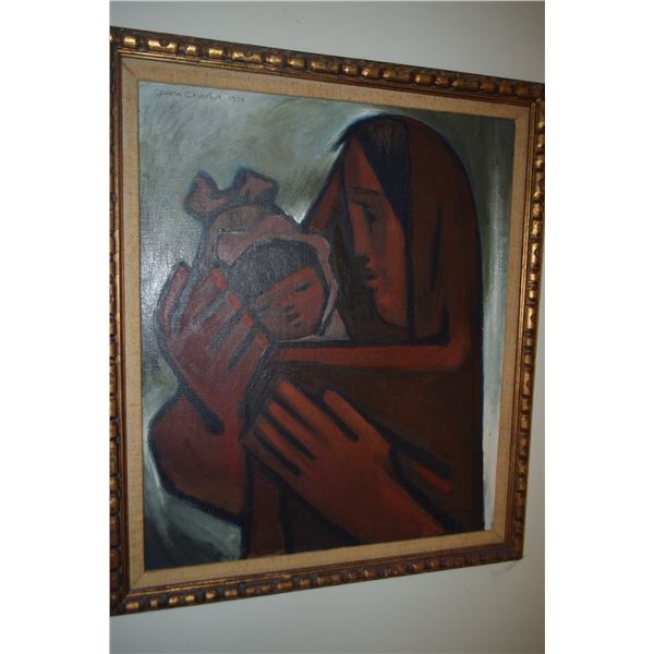 FRAMED ORIGINAL OIL ON CANVAS, "WOMAN, CHILD IN REBOZO"; SIGNED JEAN CHARLOT, 1970 (24" X 28")