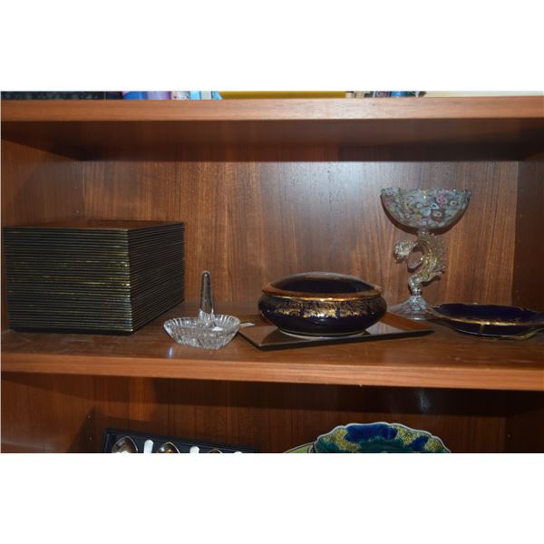 LACQUER TRAYS, LIMOGES PLATE & JAR, RING HOLDER & HAND BLOWN GLASS (43 PCS)