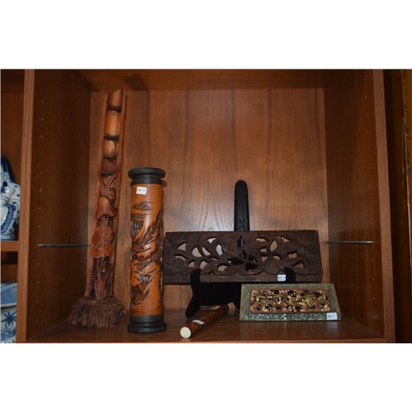 MIXED LOT: BAMBOO LOTUS CARVING W/ROOTS, CHINESE BAMBOO CRICKET CAGE, CHINESE BAMBOO INCENSE HOLDER 