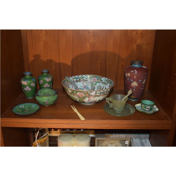 COLLECTION OF CLOISONNE VASES, CUP, PLATE, FAMILLE ROSE BOWL & SPOON, STONE CUP, SAUCER & SPOON (11 