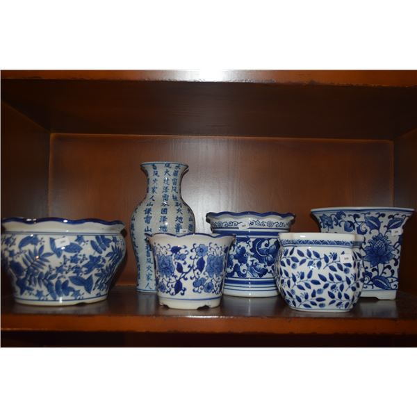 BLUE & WHITE PLANTERS & VASE (6 PCS)