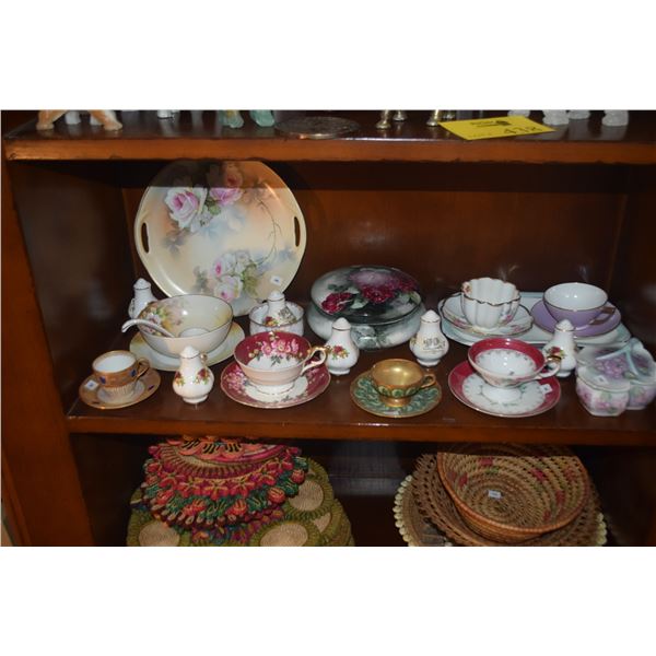 COLLECTION OF ASSORTED PORCELAIN PLATES, TEA CUPS & SAUCERS, SALT & PEPPER, TRAY, COVERED BOX, ETC. 