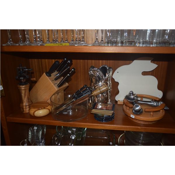 MIXED LOT: J.A. HENCKLE KNIFE BLOCK SET, KNIVES, PAPER MILL, WOOD COVERED BOWL, WINE HOLDER, COASTER