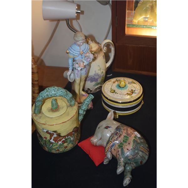 MIXED LOT: TEAPOTS, PORCELAIN FIGURE, SLEEPING PIG & COVERED CANDY DISH (5 PCS)