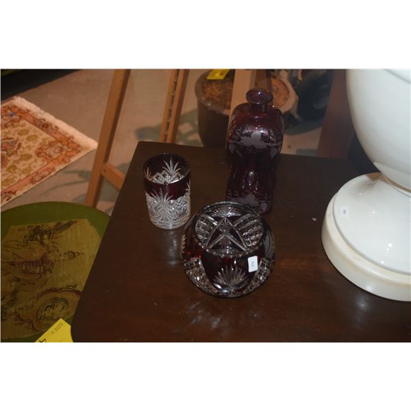 COLLECTION OF CRANBERRY GLASS VASES, PLATE, GLASSES & CUP (7 PCS)