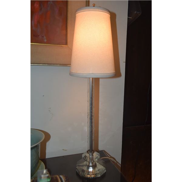 PAIR ETCHED CRYSTAL STICK LAMPS W/SHADES (22 1/2")
