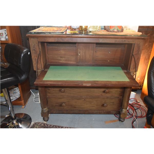 LARGE ANTIQUE DROP FRONT DESK W/3 DRAWERS