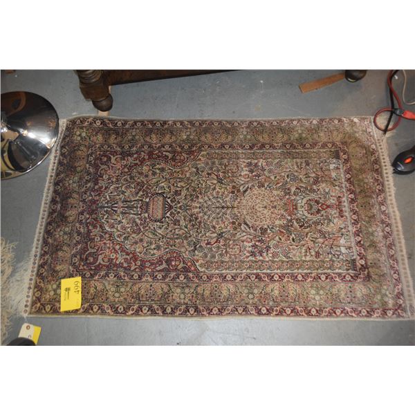CHINESE HAND KNOTTED SILK PILE RUG, THE OFF-WHITE GROUND MIHRAB W/SUSPENDED LANTERN, FLOWER VASE & B