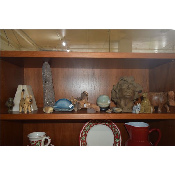 MIXED LOT: STONE, WOOD & CERAMIC STATUARY, STONE BOOKENDS, ORB & GEODE (15 PCS)