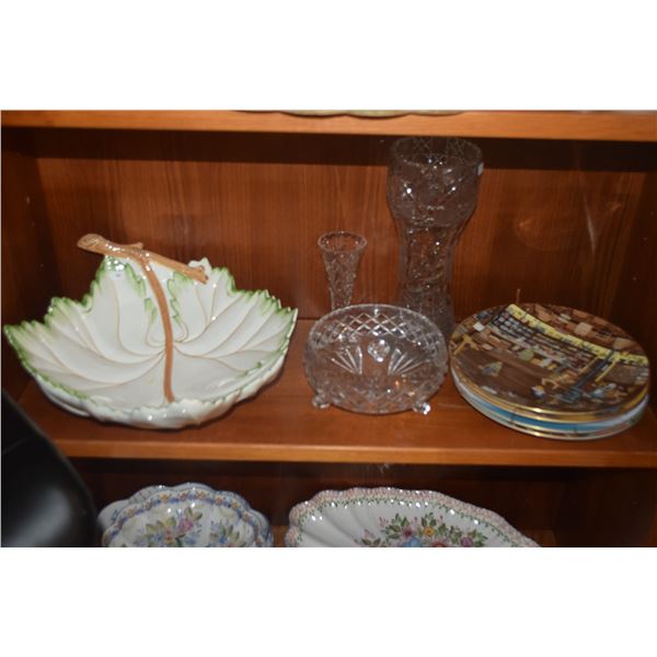 ROYAL DOULTON COLLECTOR PLATES, CRYSTAL VASES & LEAF BOWL (8 PCS)