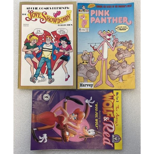 Three comics, Archie, Pink Panther and Wolf & Red