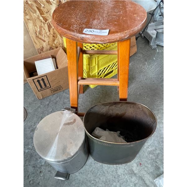 Brown Stool & 2 Office Garbage Cans