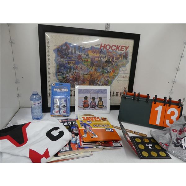 assorted hockey memorabilia