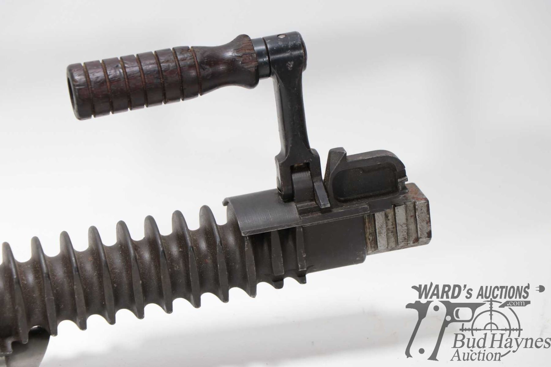 Vintage machine gun barrel with cooling fins, handle and front sight ...