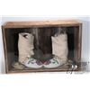 Image 1 : Two pairs of beaded moccasins including one lady sized and one child sized, in shadowboxed barn wood