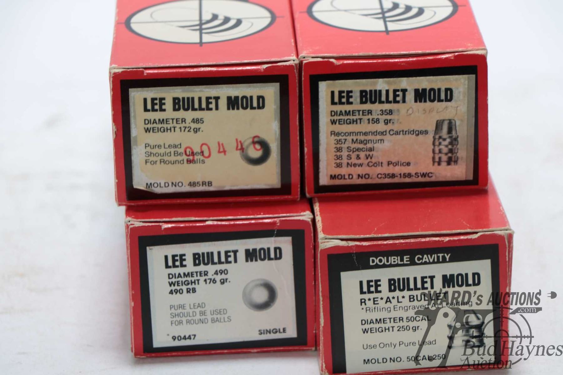 Four Lee bullet molds including 485RB, C358158SWC, 90447 and 50CAL250