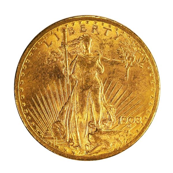 1908 N/M $20 St. Gaudens Double Eagle Gold Coin CU