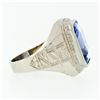 Image 5 : Antique 14k White Gold Large Rectangle Blue Stone Hand Engraved Statement Ring
