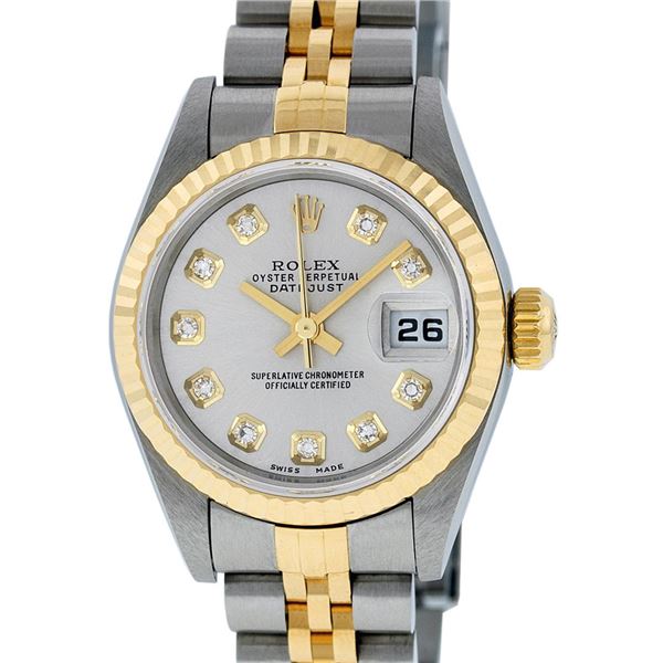 Rolex Ladies 26mm Quickset Sapphire 2 Tone 18K Silver Diamond Datejust Wristwatc