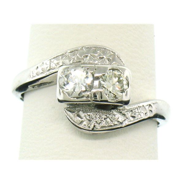 Vintage Estate Etched 14k White Gold Prong Set Dual Round Brilliant Diamond Ring