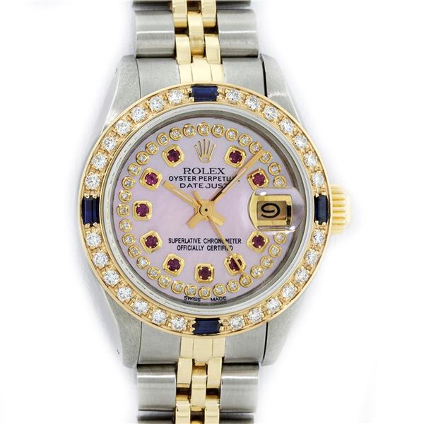 Rolex Ladies 2 Tone Pink MOP Ruby & Sapphire Datejust Wristwatch