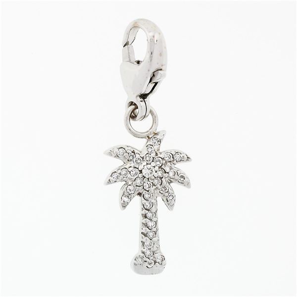 14k White Gold 0.36 ctw Pave Diamond Palm Tree Dangle Lobster Clasp Charm Pendan