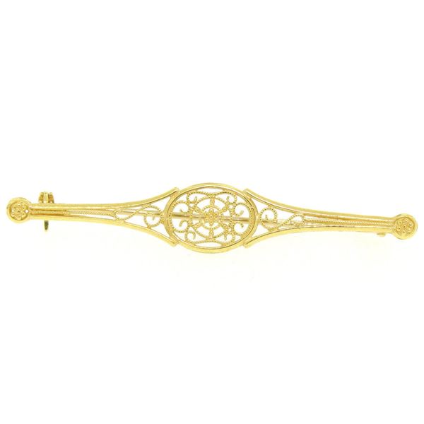 Large Detailed 18k Solid Yellow Gold Open Filigree & Bead Work Bar Pin Brooch