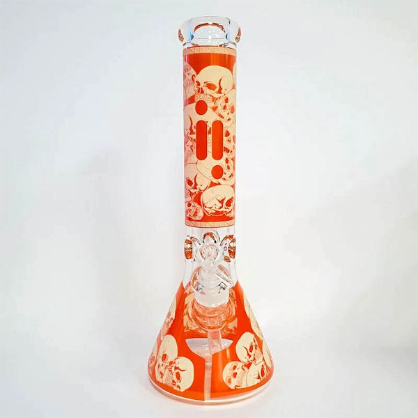 14" Infyniti Brand Beaker Tube - Amber w/ Glow in the Dark Skull Design
