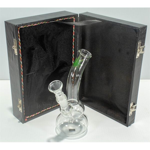 6.5" Curved Tube Round Base Mini Leaf Bong with Bowl & Case