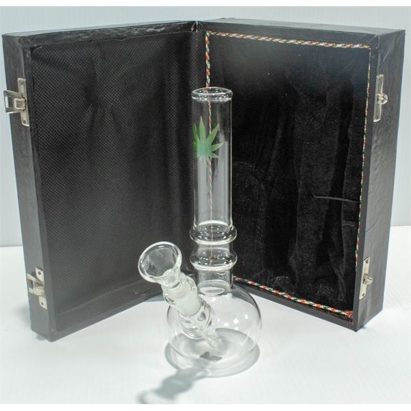 6.5" Straight Tube Round Base Mini Leaf Bong with Bowl & Case