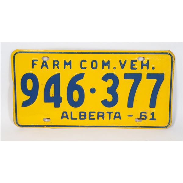 ALBERTA 1961 COM. FARM. LICENSE PLATE