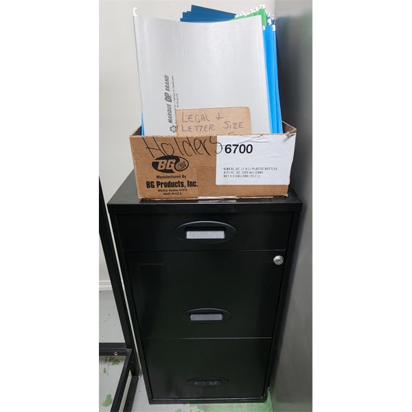 3 DRAWER FILING CABINET W/ KEY & FOLDERS