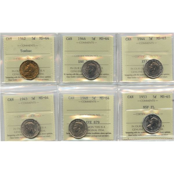 1942 - 1953 Five Cents - ICCS Graded Lot of 6