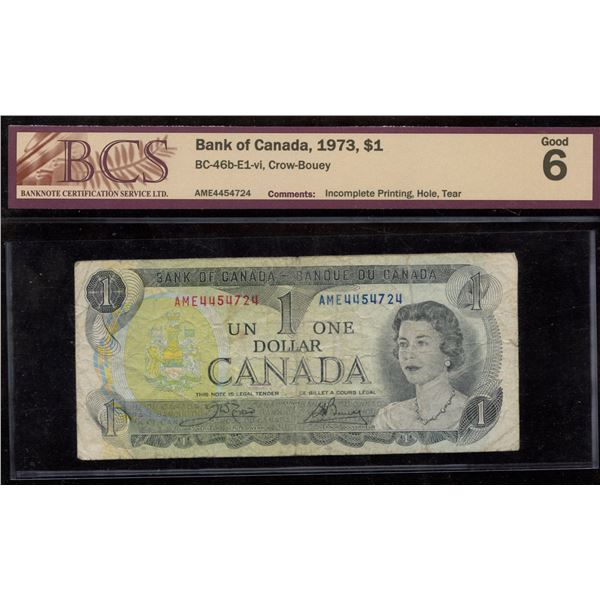 Bank of Canada $1, 1973 - Incomplete Printing Error