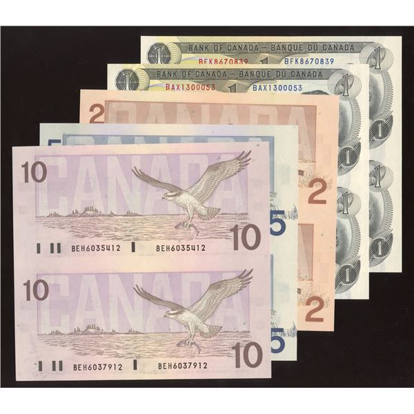 Bank of Canada Uncut Pair Lot;  $1-$1-$2-$5-$10, with Replacement