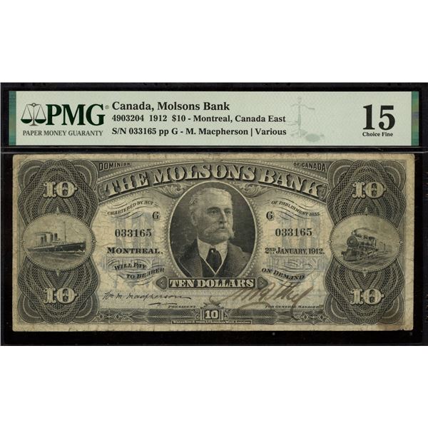 Molsons Bank $10, 1912