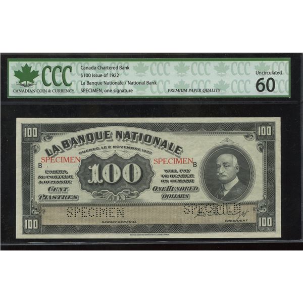 La Banque Nationale $100, 1922