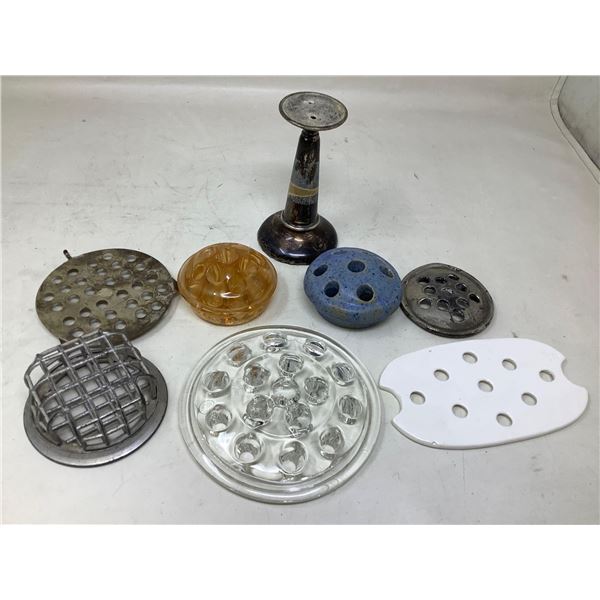 Lot of 7 vintage items including flower frogs & candle holder